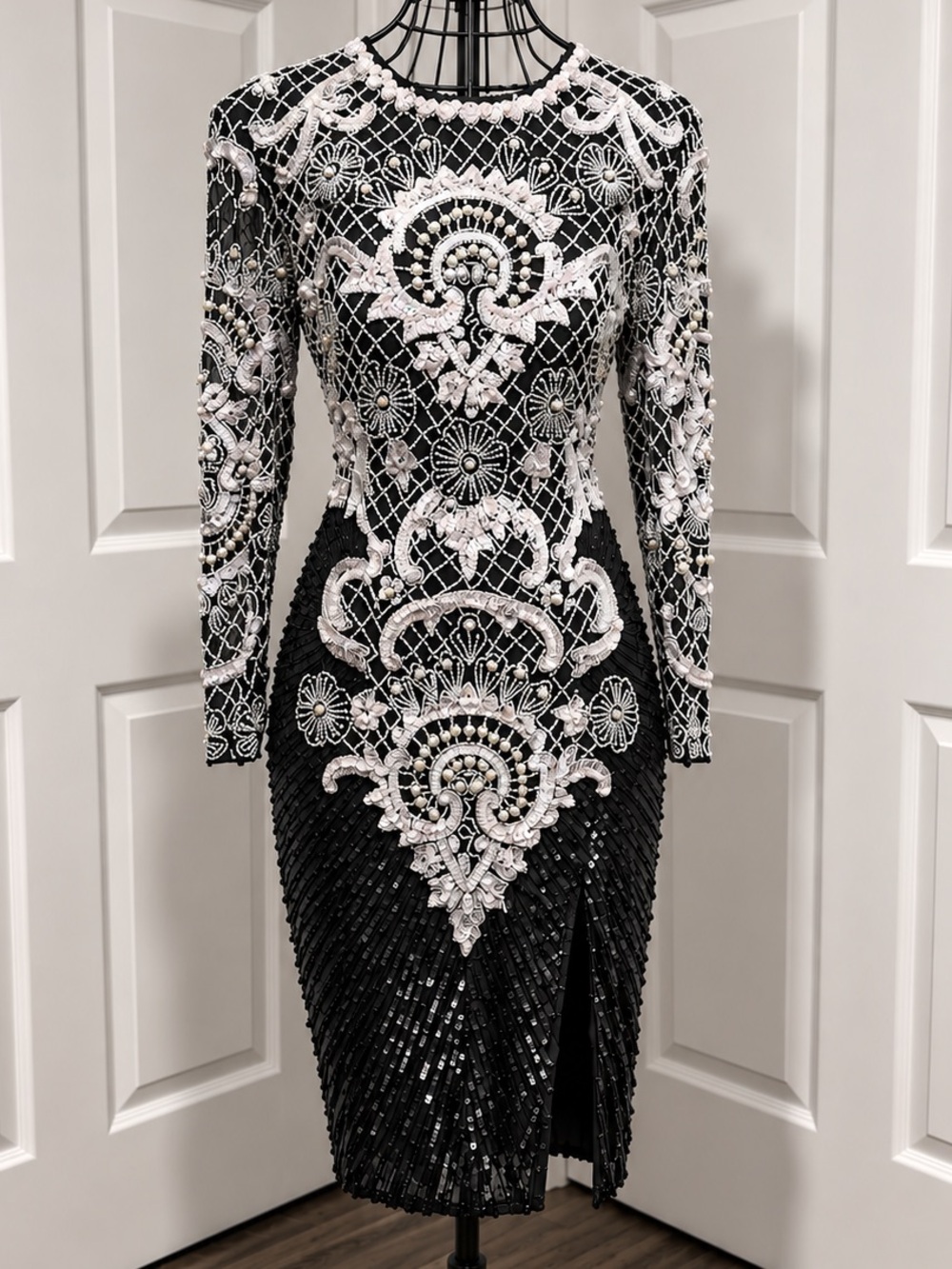 Vintage Sequins Silk Beaded Laurence Kazar Evening Formal Wedding Prom 90s Dress